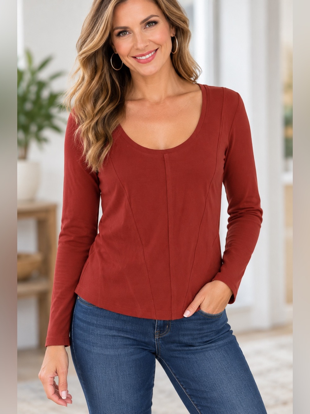 QUE burnt orange tee size MED round neck tshirt cotton spandex long sleeve rust